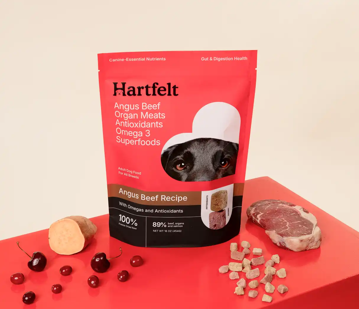Hartfelt premium Angus beef freeze dried raw dog food, 16oz red bag